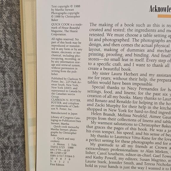 Martha‎ Stewart's Quick Cook Menus First Edition Fifty-two Meals 1988 Hardcover - Picture 8 of 14